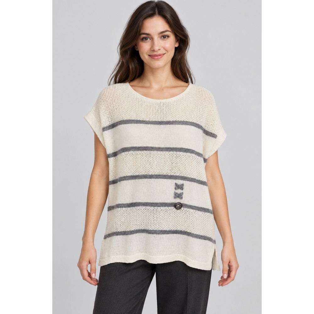 Akira Art to Wear Sweater Striped Cotton Knit Cream Small Coastal Boho Lagenlook